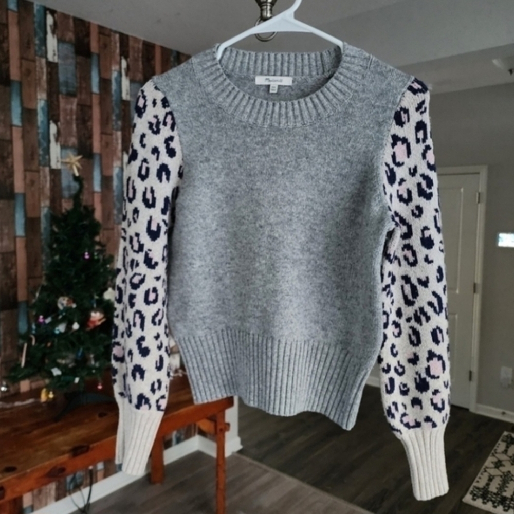 Madewell Leopard-Sleeve Tensley Pullover Sweater in Cotton-Merino Yarn. - Picture 4 of 7